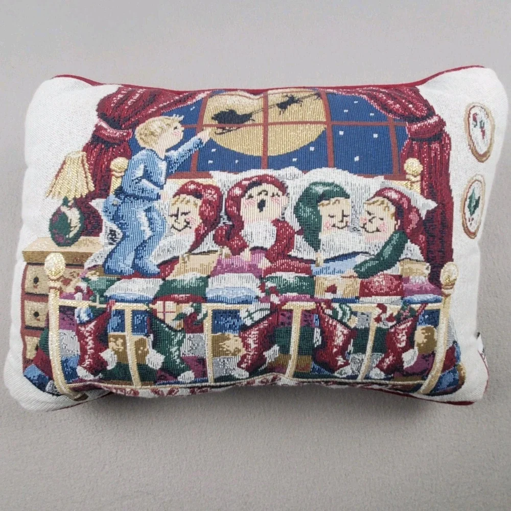 Vintage Tapestry Christmas Decor Pillow Kids in Bed Stockings Santa and Sleigh